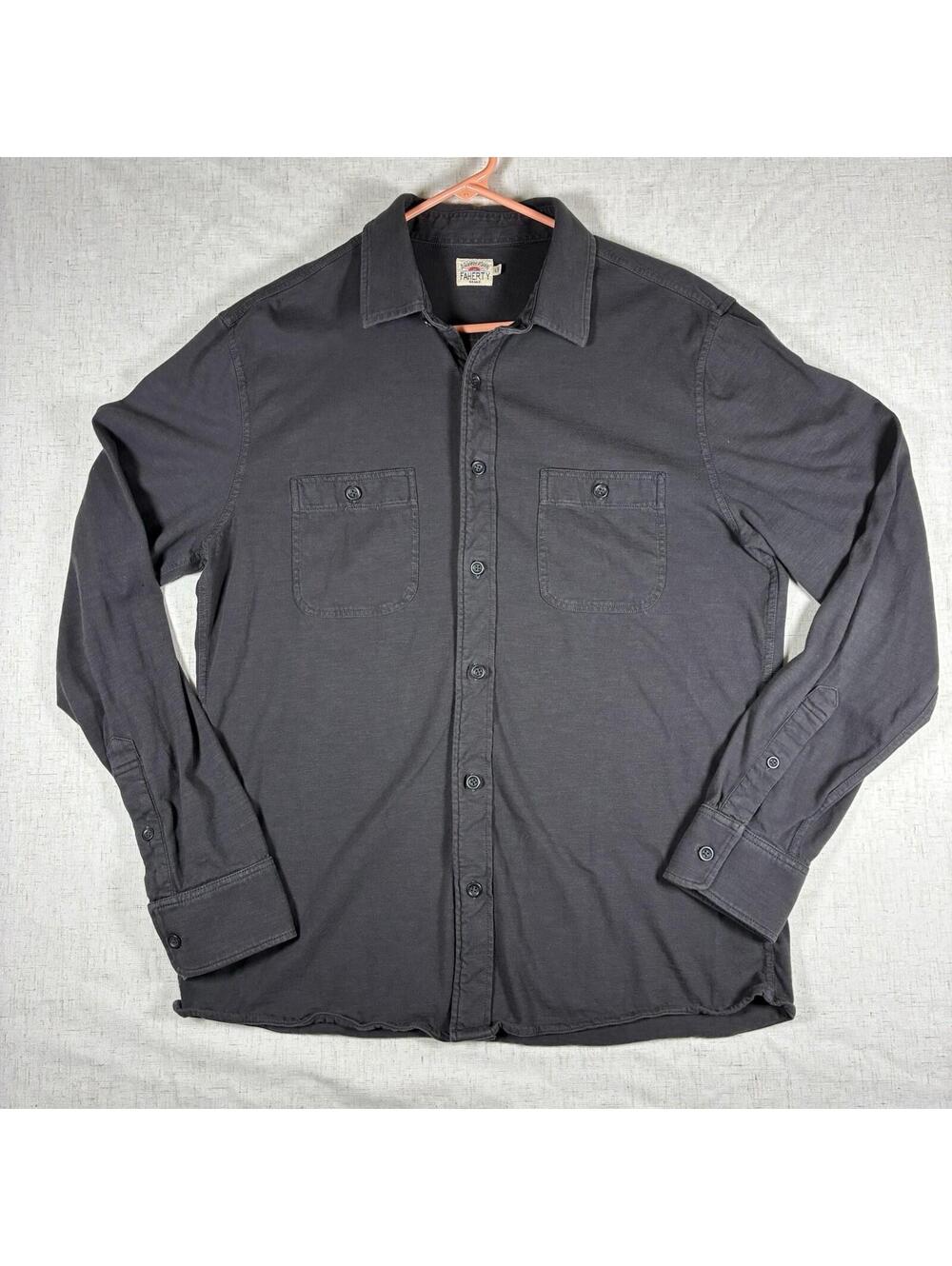 Faherty Knit Seasons Shirt Men L Gray Washed Organic Cotton Stretch Long Sleeve